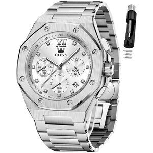 Olevs Men's Silver Stainless Steel Analog Luminous Waterproof Easy Wear Watch